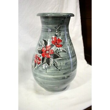 VASO Turi D'ALBISSOLA CERAMICA SMALTATA FIORI GRIGIO STRIATO ROSSO NERO POTTERY