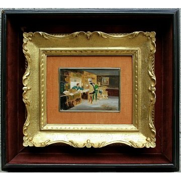 ANTICO QUADRO DIPINTO OLIO TAVOLA Leon Genier INTERNO CON FIGURE LIBRERIA '800