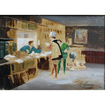 ANTICO QUADRO DIPINTO OLIO TAVOLA Leon Genier INTERNO CON FIGURE LIBRERIA '800