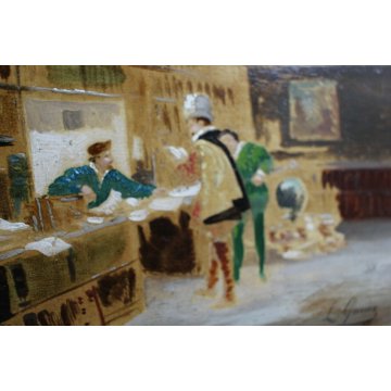 ANTICO QUADRO DIPINTO OLIO TAVOLA Leon Genier INTERNO CON FIGURE LIBRERIA '800