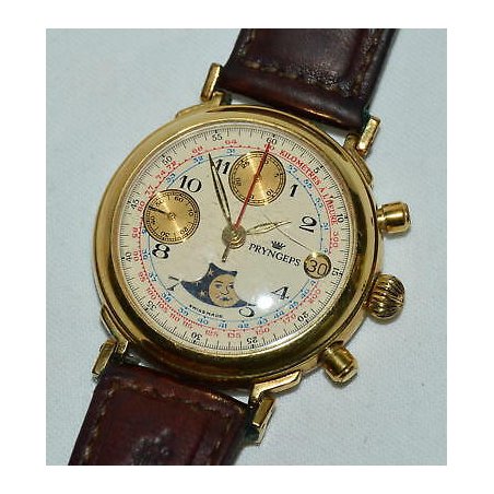 ANTICO OROLOGIO POLSO Pryngeps CHRONO Valjoux 7768 FASI LUNARI PLAQUE OR WATCH