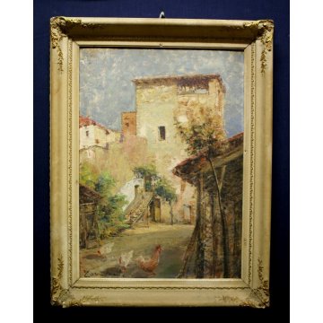 ANTICO QUADRO DIPINTO G. Cavasanti OLIO TAVOLA META'900 CASCINA CORTILE CORNICE