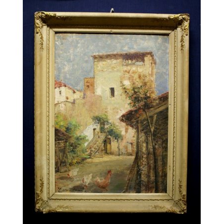 ANTICO QUADRO DIPINTO G. Cavasanti OLIO TAVOLA META'900 CASCINA CORTILE CORNICE