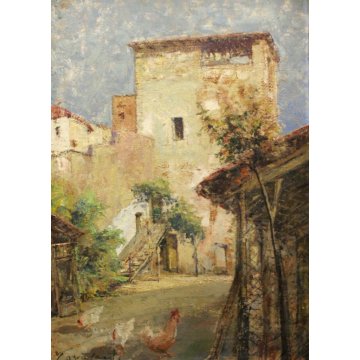 ANTICO QUADRO DIPINTO G. Cavasanti OLIO TAVOLA META'900 CASCINA CORTILE CORNICE