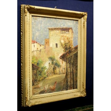 ANTICO QUADRO DIPINTO G. Cavasanti OLIO TAVOLA META'900 CASCINA CORTILE CORNICE