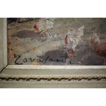 ANTICO QUADRO DIPINTO G. Cavasanti OLIO TAVOLA META'900 CASCINA CORTILE CORNICE