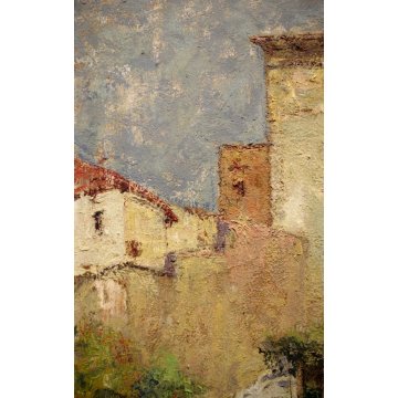 ANTICO QUADRO DIPINTO G. Cavasanti OLIO TAVOLA META'900 CASCINA CORTILE CORNICE