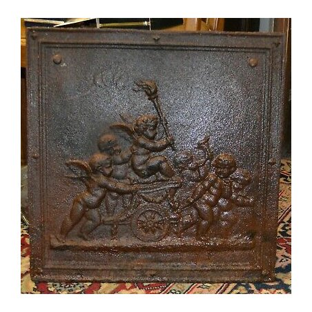 ANTICA PLACCA GHISA PUTTI ANGELI BIGA CARROZZA FOCOLAIO CAMINO SCULTURA FUOCO