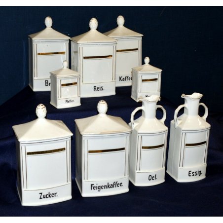 9pz SET ANTICHI ALBARELLI CUCINA PORTASPEZIE BARATTOLI CERAMICA CECOSLOVACCHIA 