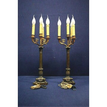 COPPIA ANTICO CANDELABRO ANTIMONIO OTTONE DORATO IMPERO fine '800 ELETTRIFICATO