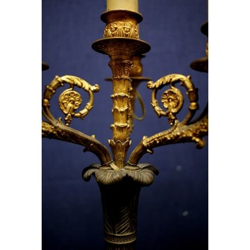 COPPIA ANTICO CANDELABRO ANTIMONIO OTTONE DORATO IMPERO fine '800 ELETTRIFICATO