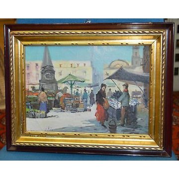 ANTICO QUADRO DIPINTO Scognamiglio EPOCA 900 olio tela PAESAGGIO MERCATO cornice