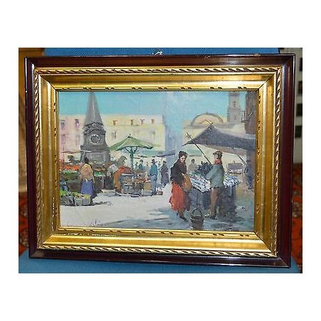 ANTICO QUADRO DIPINTO Scognamiglio EPOCA 900 olio tela PAESAGGIO MERCATO cornice
