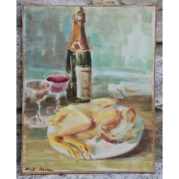 QUADRO DIPINTO OLIO TELA Bruno Ballasini NATURA MORTA BOTTIGLIA VINO GALLO '900