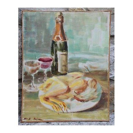 QUADRO DIPINTO OLIO TELA Bruno Ballasini NATURA MORTA BOTTIGLIA VINO GALLO '900