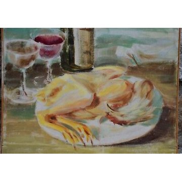 QUADRO DIPINTO OLIO TELA Bruno Ballasini NATURA MORTA BOTTIGLIA VINO GALLO '900