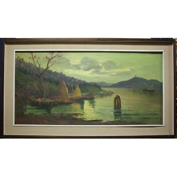 ANTICO QUADRO DIPINTO OLIO TELA Pino Pessina Da Castanedo PAESAGGIO LAGO ORTA 