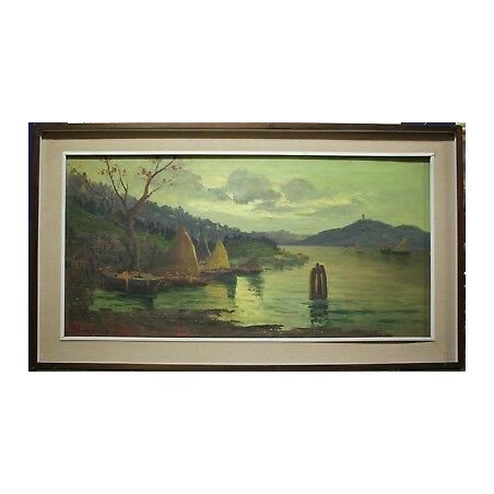 ANTICO QUADRO DIPINTO OLIO TELA Pino Pessina Da Castanedo PAESAGGIO LAGO ORTA 