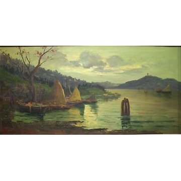 ANTICO QUADRO DIPINTO OLIO TELA Pino Pessina Da Castanedo PAESAGGIO LAGO ORTA 