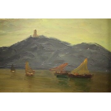 ANTICO QUADRO DIPINTO OLIO TELA Pino Pessina Da Castanedo PAESAGGIO LAGO ORTA 