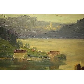 ANTICO QUADRO DIPINTO OLIO TELA Pino Pessina Da Castanedo PAESAGGIO LAGO ORTA 