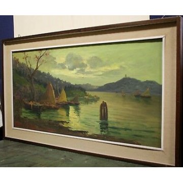 ANTICO QUADRO DIPINTO OLIO TELA Pino Pessina Da Castanedo PAESAGGIO LAGO ORTA 