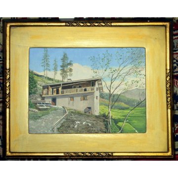 ANTICO QUADRO PAESAGGIO MONTAGNA BAITA 1800 DIPINTO EPOCA CORNICE CORNICE ORO