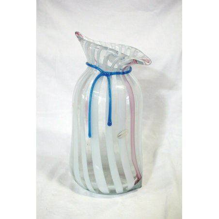 VASO VETRO SOFFIATO MURANO FIOCCO E RIGHE 60/70 DESIGN GLASS VINTAGE