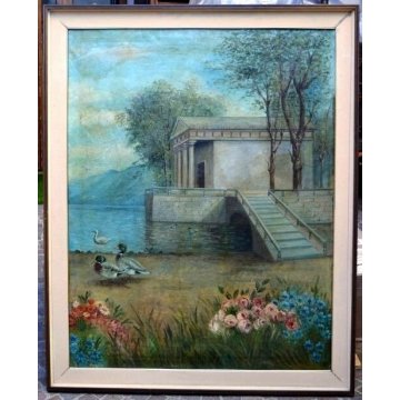 GRANDE ANTICO QUADRO G. Rossi DIPINTO PAESAGGIO olio tela LAGO MAGGIORE Piemonte