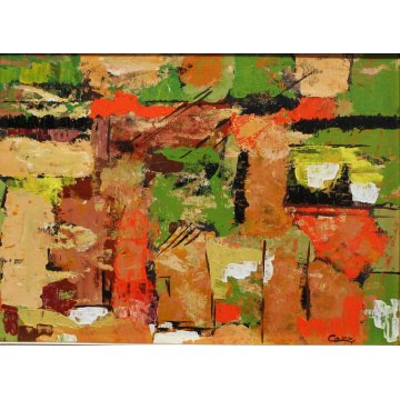 QUADRO DIPINTO OLIO TAVOLA Cozzi '80 IPERCROMATISMO ASTRATTO PAESAGGIO PERIFERIA