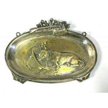 PICCOLO VASSOIO SILVERPLATED FUCILE CACCIA BASSORILIEVO CANI BASSOTTI DACHSHUND