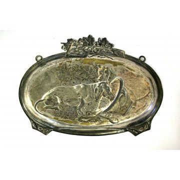 PICCOLO VASSOIO SILVERPLATED FUCILE CACCIA BASSORILIEVO CANI BASSOTTI DACHSHUND