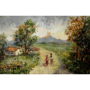 ANTICO PICCOLO QUADRO Vegetti DIPINTO OLIO TAVOLA PAESAGGIO BORGO  FIGURE 1940