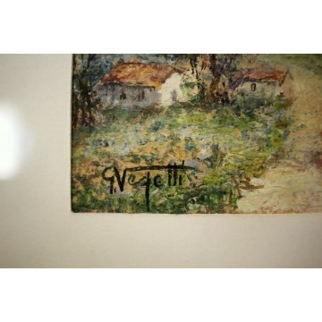 ANTICO PICCOLO QUADRO Vegetti DIPINTO OLIO TAVOLA PAESAGGIO BORGO  FIGURE 1940