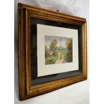 ANTICO PICCOLO QUADRO Vegetti DIPINTO OLIO TAVOLA PAESAGGIO BORGO  FIGURE 1940