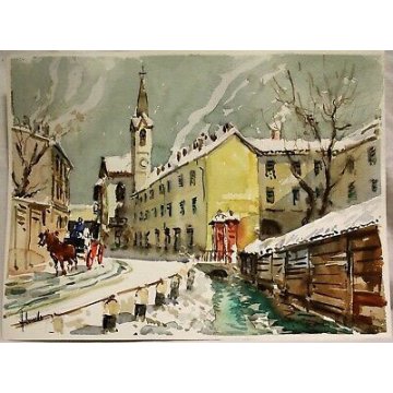 DIPINTO Antonello Zecca ACQUERELLO PAESAGGIO NEVE MILANO SCOMPARSA Via Magolfa