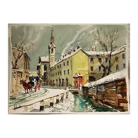 DIPINTO Antonello Zecca ACQUERELLO PAESAGGIO NEVE MILANO SCOMPARSA Via Magolfa