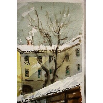 DIPINTO Antonello Zecca ACQUERELLO PAESAGGIO NEVE MILANO SCOMPARSA Via Magolfa