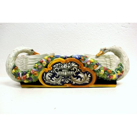 VASO CERAMICA ARTISTICA SMALTO POLICROMO GP ITALY CIGNI FESTONI FRUTTA '900