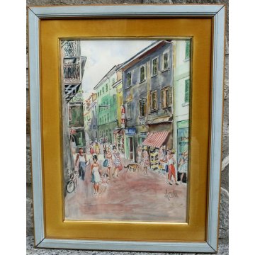 QUADRO ACQUERELLO Colla ARONA CORSO CAVOUR STATUA SAN CARLO LAGO MAGGIORE 