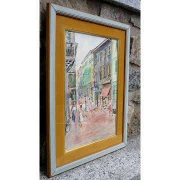 QUADRO ACQUERELLO Colla ARONA CORSO CAVOUR STATUA SAN CARLO LAGO MAGGIORE 