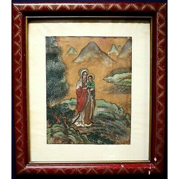 QUADRO DIPINTO su SETA P.T. Shen MADONNA BAMBINO PAESAGGIO CINESE PAINTING SILK 