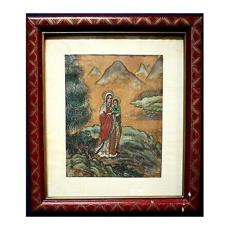 QUADRO DIPINTO su SETA P.T. Shen MADONNA BAMBINO PAESAGGIO CINESE PAINTING SILK 
