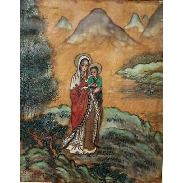 QUADRO DIPINTO su SETA P.T. Shen MADONNA BAMBINO PAESAGGIO CINESE PAINTING SILK 