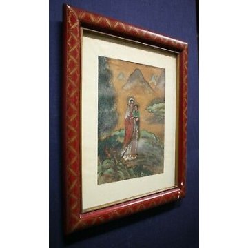 QUADRO DIPINTO su SETA P.T. Shen MADONNA BAMBINO PAESAGGIO CINESE PAINTING SILK 