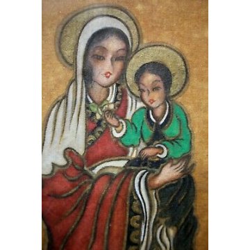 QUADRO DIPINTO su SETA P.T. Shen MADONNA BAMBINO PAESAGGIO CINESE PAINTING SILK 