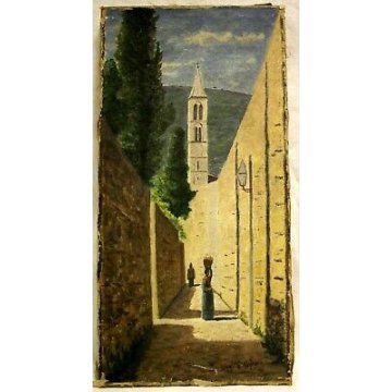 ANTICO PICCOLO DIPINTO OLIO TELA M. D'Ogliano PAESAGGIO 1876 CAMPANILE MURA 