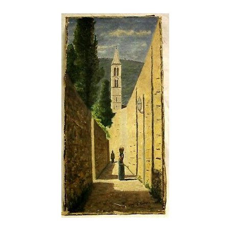ANTICO PICCOLO DIPINTO OLIO TELA M. D'Ogliano PAESAGGIO 1876 CAMPANILE MURA 