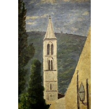 ANTICO PICCOLO DIPINTO OLIO TELA M. D'Ogliano PAESAGGIO 1876 CAMPANILE MURA 