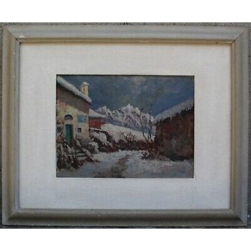 ANTICO QUADRO Benedetto Ghivarello 1929 PAESAGGIO BORGO MONTANO TORINESE NEVE 